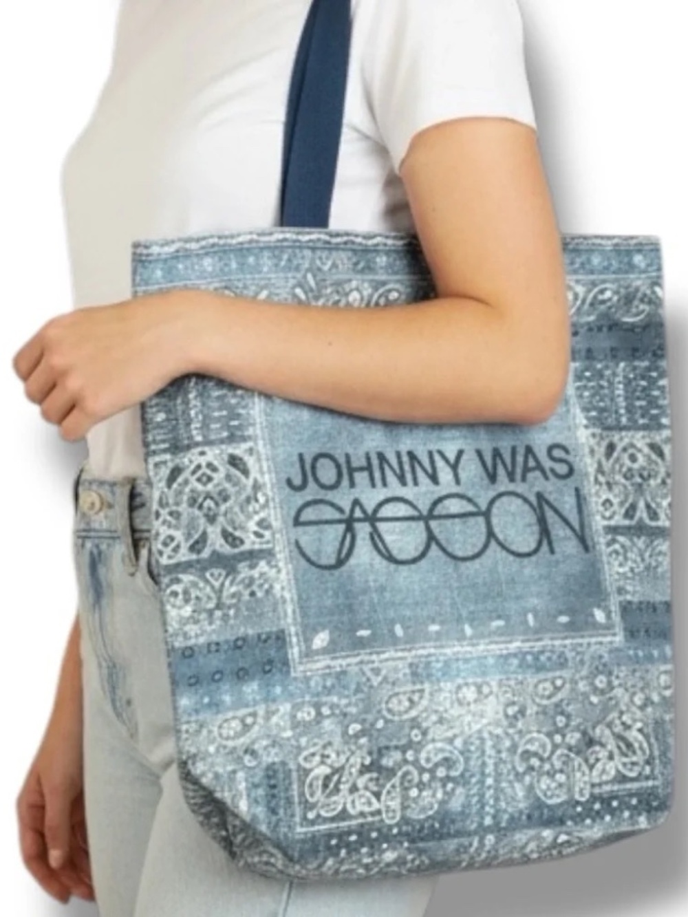 Rare Johnny Was x Sasson Collaboration Limited Ed Denim Canvas Tote Bag NWOT - Picture 2 of 6